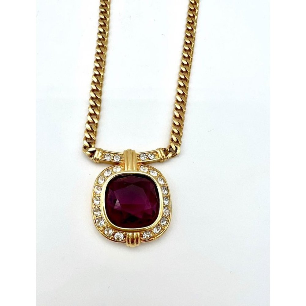 Monet Amethyst Glass Statement Gold Tone Necklace With Rhinestones 16” - Picture 4 of 6